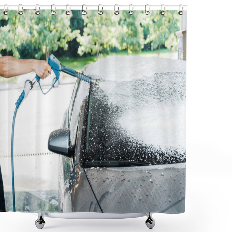 Personality  Cropped View Of Car Washer Holding Pressure Washer With Foam Near Car  Shower Curtains