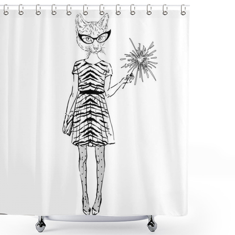 Personality  Cat Girl Dressed Up In A Party Style Shower Curtains