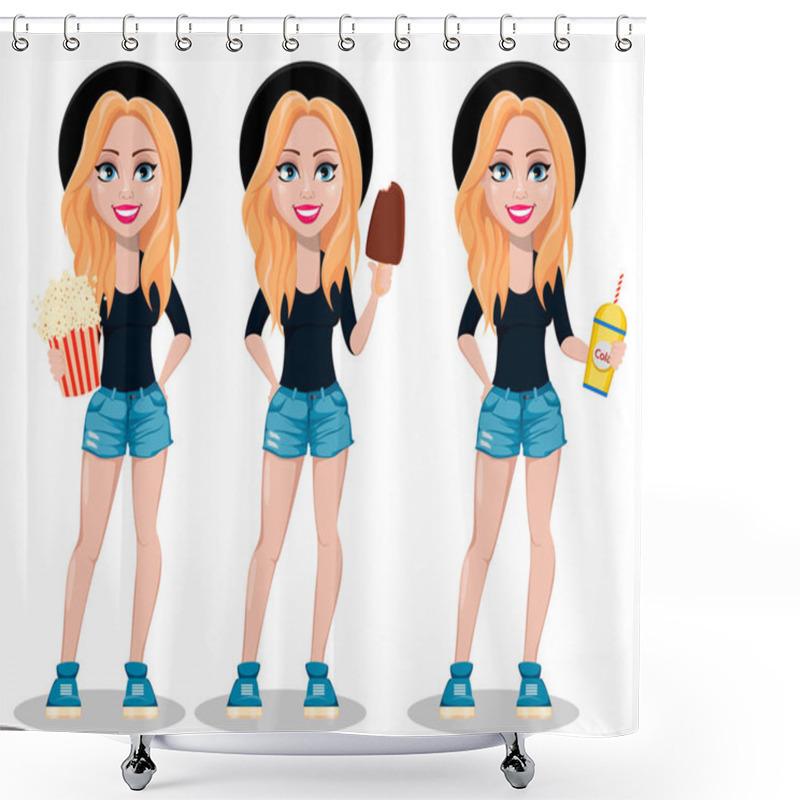 Personality  Hipster Woman, Beautiful Young Girl, Set Of Three Poses. Modern Lady Holding Popcorn, Holding Ice Cream And Holding Soda. Vector Illustration.  Shower Curtains