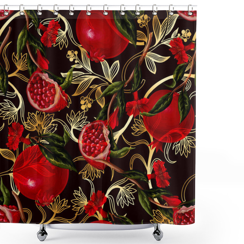 Personality  Seamless Pattern With .pomegranates Branches And Gold Branches. Vector. Shower Curtains