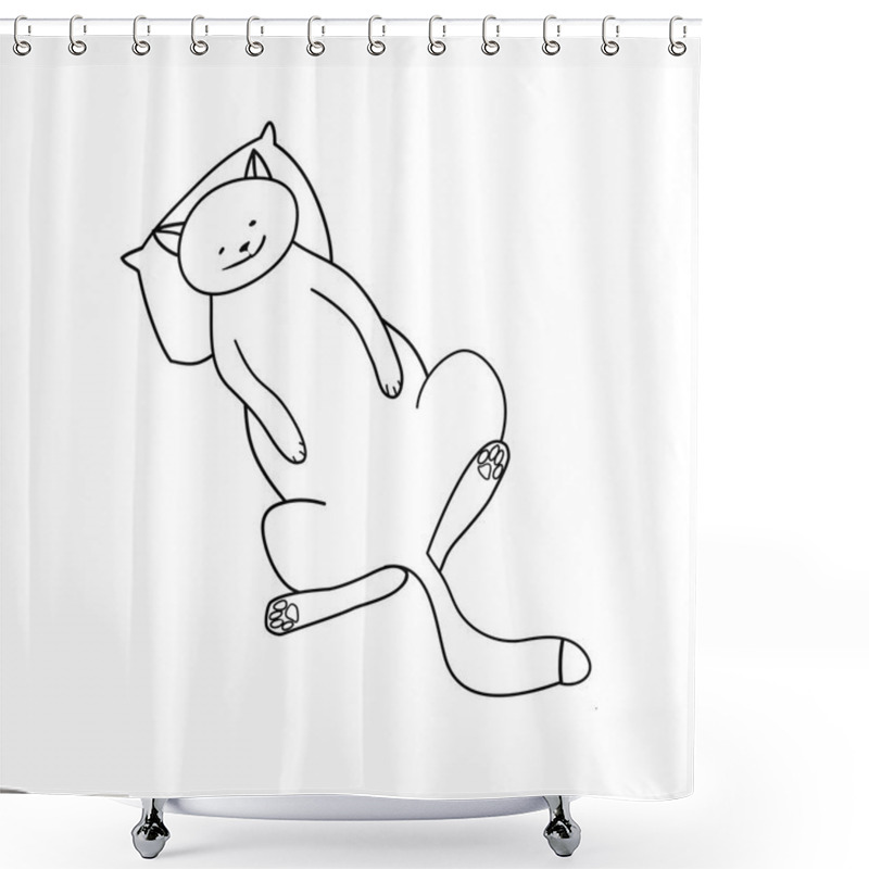 Personality  Lazy Cute Cat, Pet, Black And White Linear Image, Digital Drawing, Vector Illustration Shower Curtains