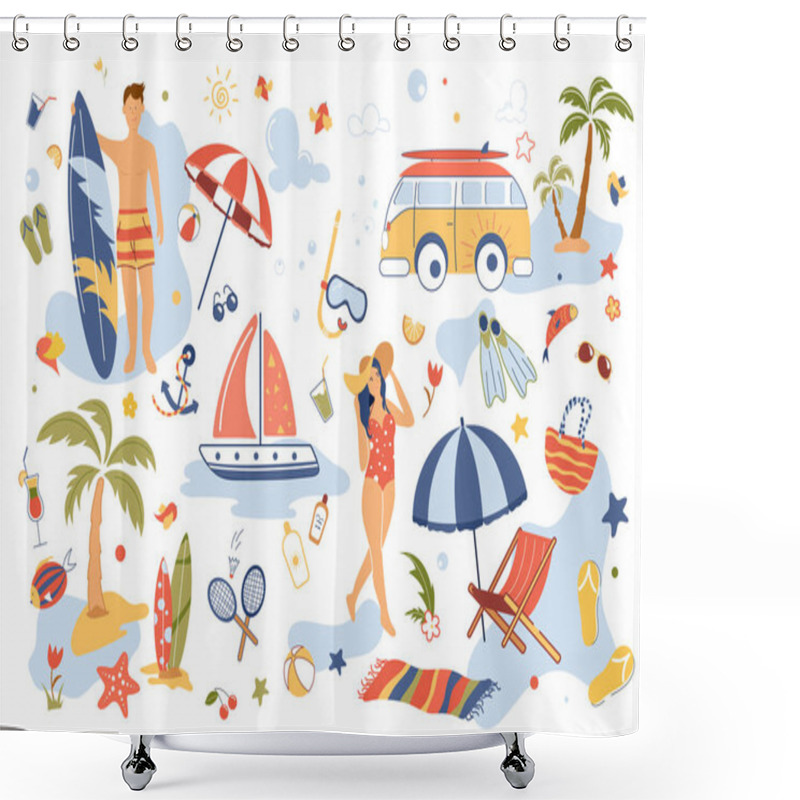 Personality  Summer Vacation Concept Isolated Elements Set. Collection Of Woman In Swimsuit, Man Surfing, Car, Yacht, Tropical Island, Sunbathing, Activities And Other. Vector Illustration In Flat Cartoon Design Shower Curtains