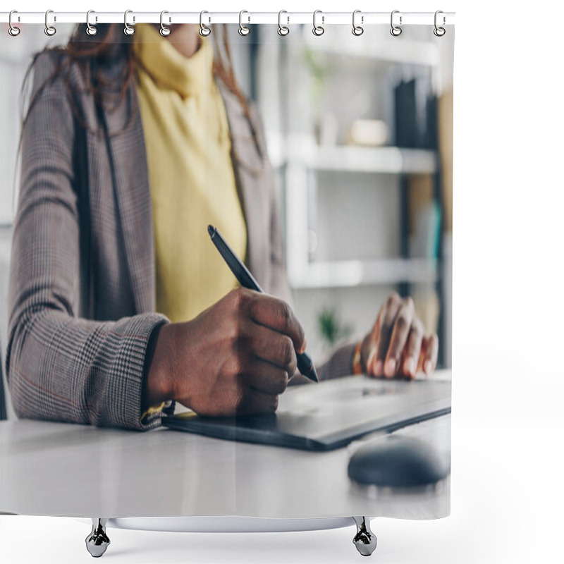 Personality  Midsection Of African American Designer Using Graphic Tablet At Desk In Modern Office Shower Curtains