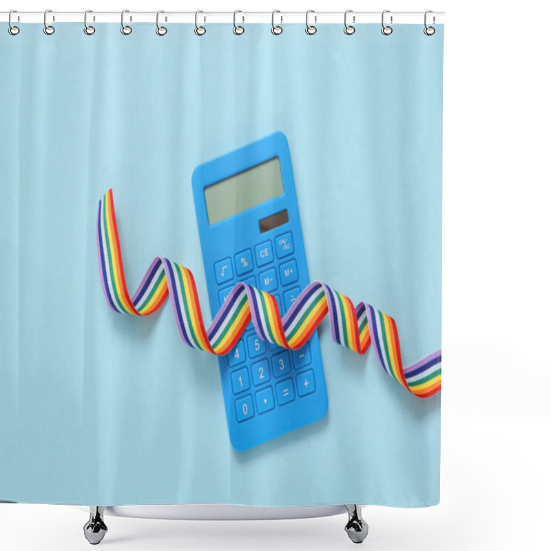 Personality  Rainbow Lgbt Ribbon And Calculator On Blue Background Shower Curtains