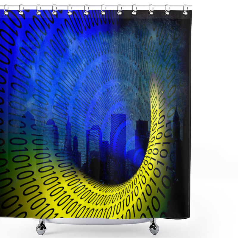 Personality  Metaphoric Composition. Binary Data Tunnel With City On Background Shower Curtains