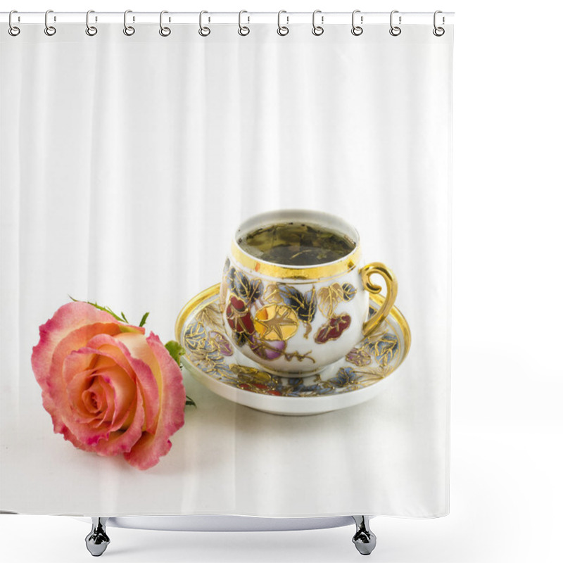 Personality  Porcelain Tea Cup And Rose Flower Shower Curtains