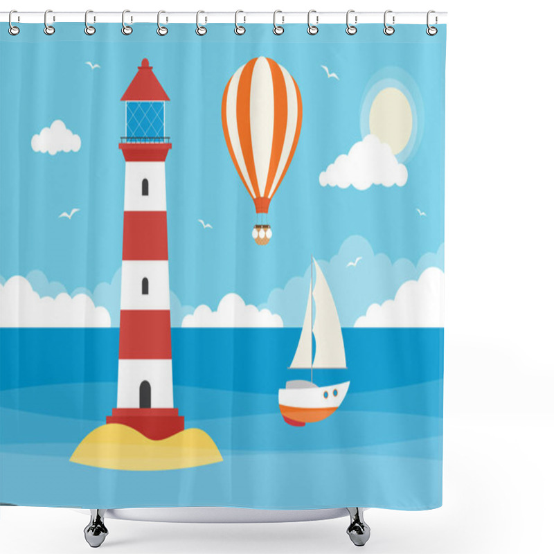 Personality  A Sailing Boat And Lighthouse In An Ocean On A Sunny Day With Clouds And Hot Air Balloon Shower Curtains