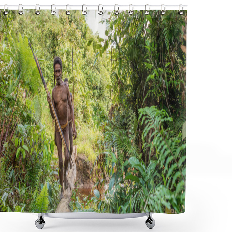 Personality  WILD JUNGLE OF NEW GUINEA ISLAND, INDONESIA - JUNE 24: Papuans From Korowai (Kolufo) Tribe With Bows And Arrows In The Wild Jungles Of New Guinea. June 24, 2016, New Guinea, Indonesia Shower Curtains