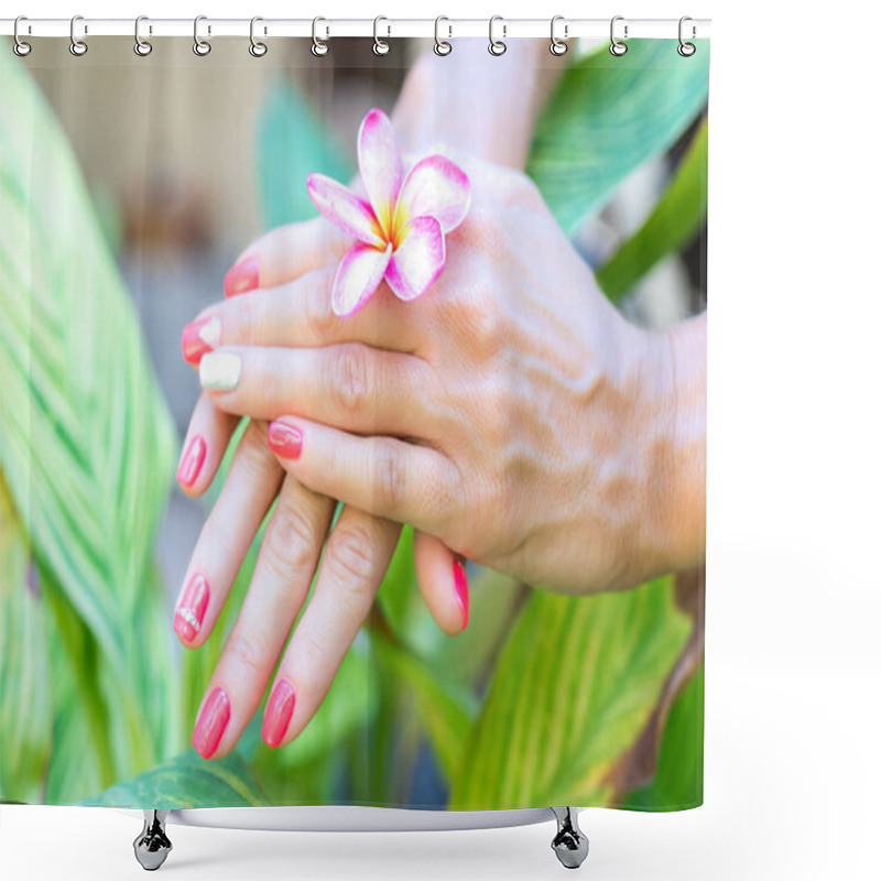 Personality  Plumeria Frangipani Flower In Woman Hand On A Beautiful Nature Background Shower Curtains