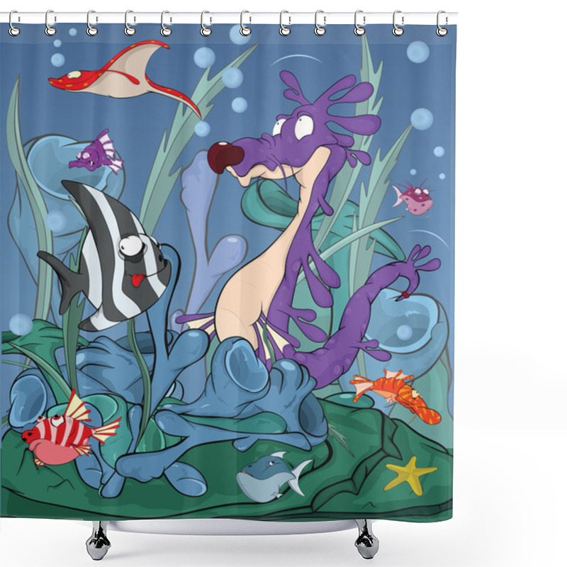 Personality  Seahorse And Tropical Small Fishes Under Water. Cartoon Shower Curtains