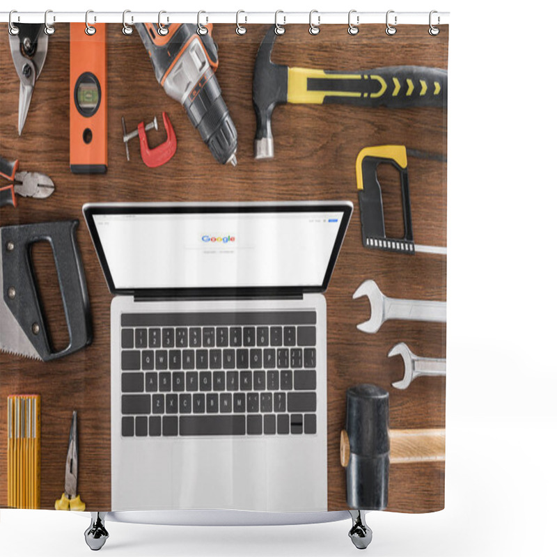 Personality  Top View Of Workplace With Laptop With Google On Screen Surrounded By Various Tools On Wooden Table  Shower Curtains