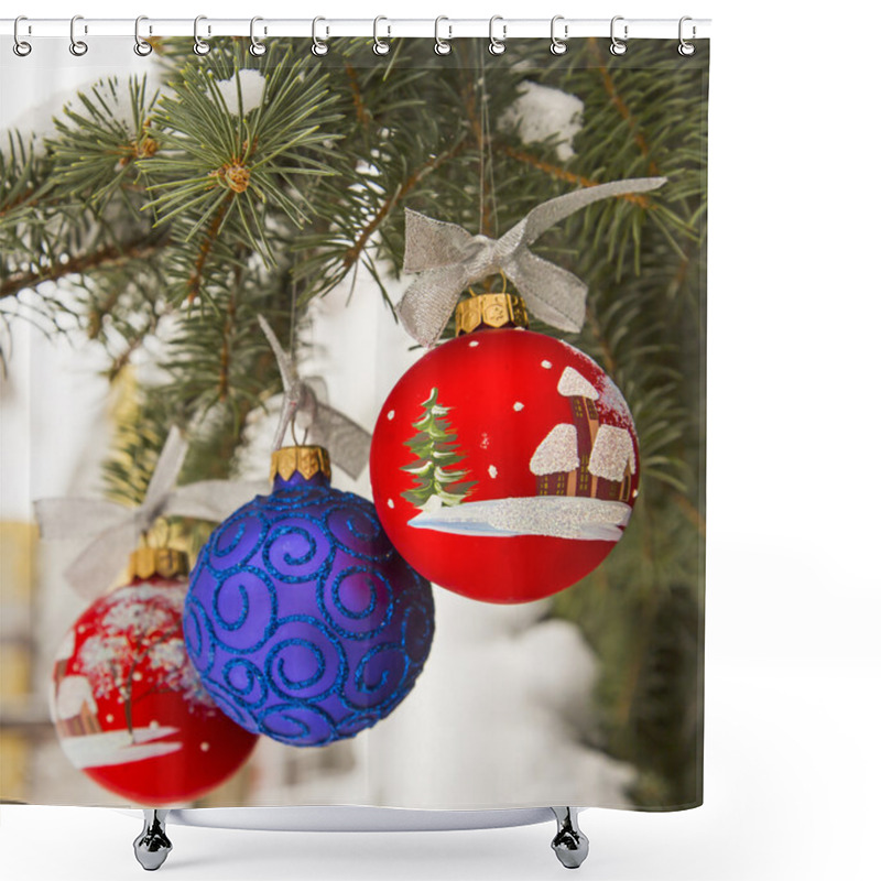 Personality  Winter Composition With Christmas Tree And Ornaments Shower Curtains