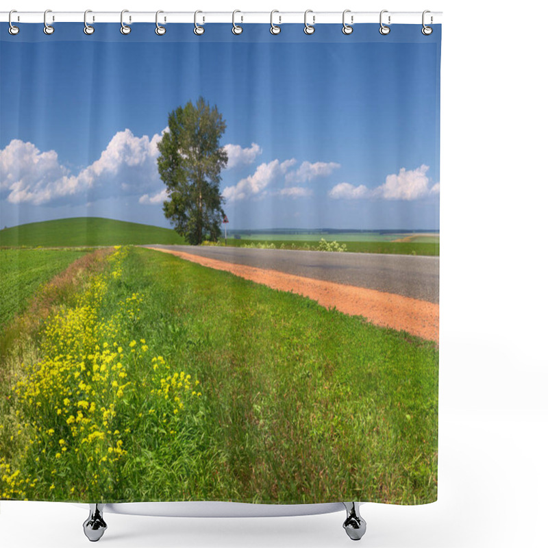 Personality  Lonely Tree Beside The Road On The Background Of The Summer Sky And Green Meadows Shower Curtains