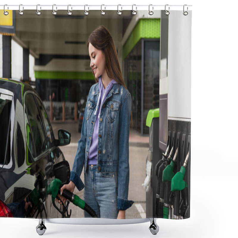 Personality  Smiling Woman In Denim Clothes Fueling Car On Gas Station Shower Curtains