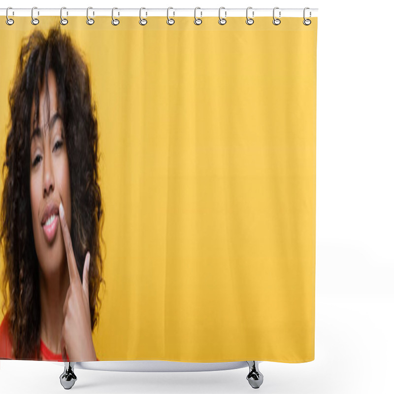 Personality  Brunette African American Woman Pointing With Finger At Her Smile Isolated On Yellow, Banner Shower Curtains