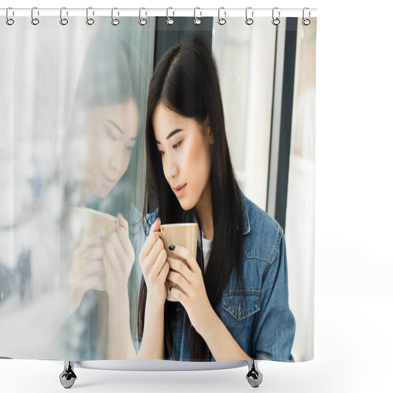 Personality  Asian Woman Drinking Coffee Shower Curtains