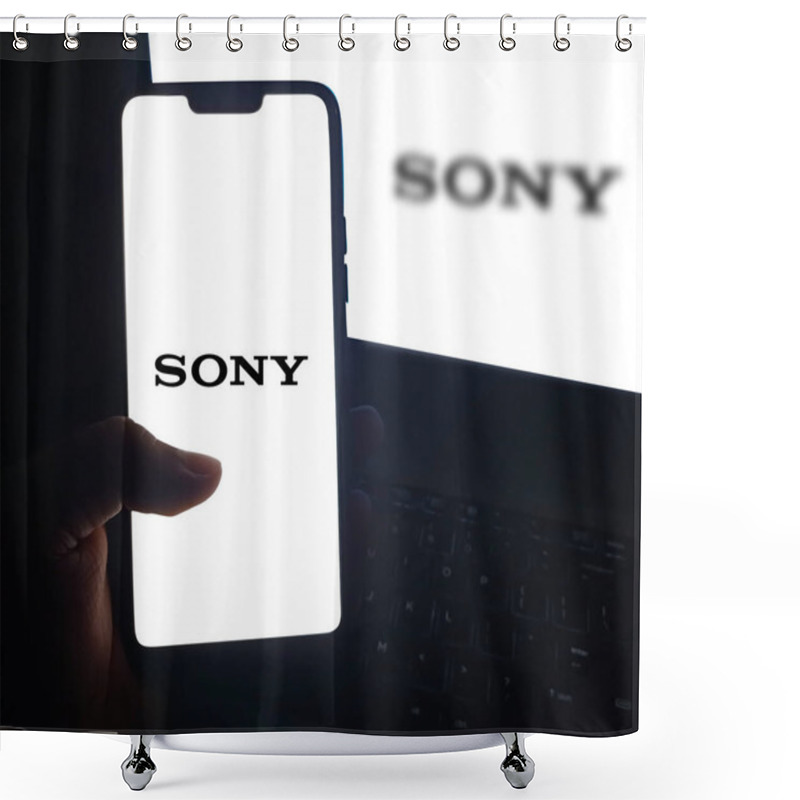 Personality  Effortless Entertainment With Sony App On Mobile Screen, Hand Touching For Instant Access To Movies, Music, Games, And More Shower Curtains