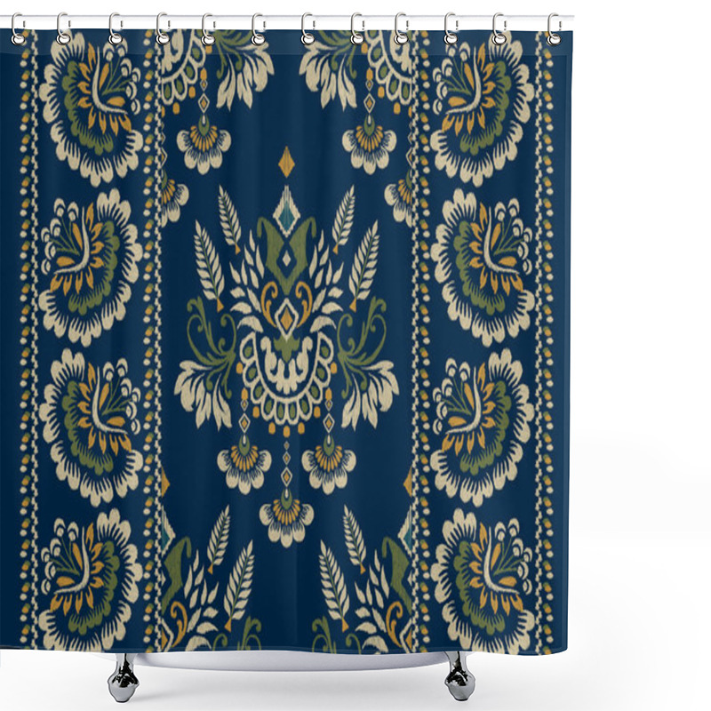 Personality  Ikat Floral Paisley Embroidery On Navy Blue Background.Ikat Ethnic Oriental Pattern Traditional.Aztec Style Abstract Vector Illustration.design For Texture,fabric,clothing,wrapping,decoration,scarf. Shower Curtains