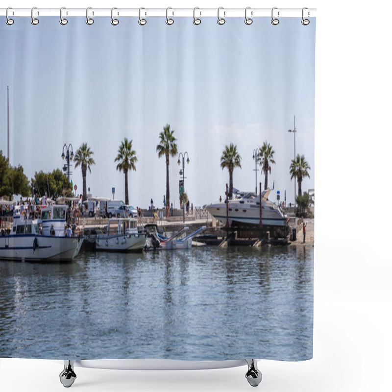 Personality  AVIGNON, FRANCE - JUNE 18, 2018: Luxury Yachts In Port And Beautiful Palm Trees On Coast, Avignon, France Shower Curtains