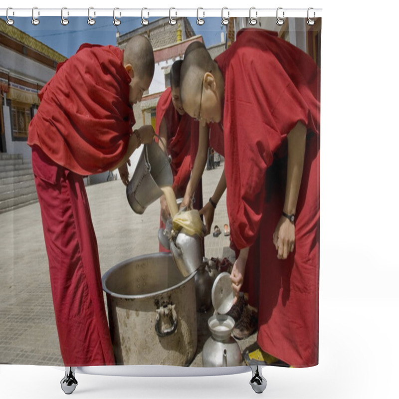 Personality  Buddhist Nuns Pour Public Tibetan Tea At 4-days Puja Ceremony In Leh, Ladakh, India. Shower Curtains