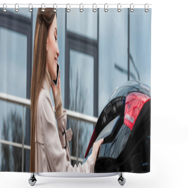 Personality  Happy Woman Smiling While Talking On Mobile Phone Near Car Trunk, Banner Shower Curtains