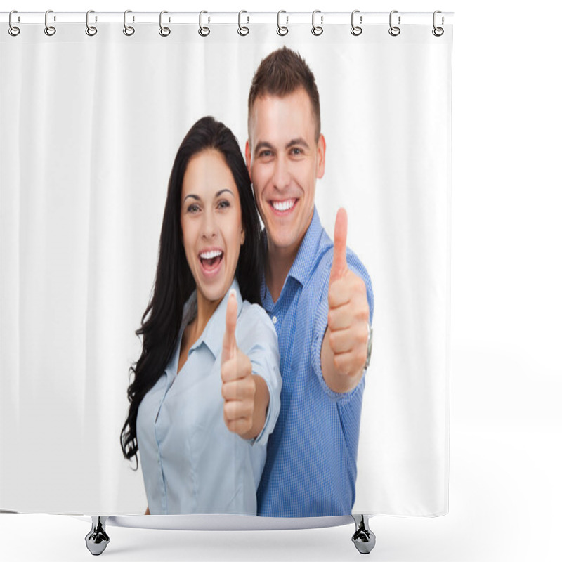 Personality  Happy Couple In Love Excited Smiling And Holding Thumbs Up Shower Curtains