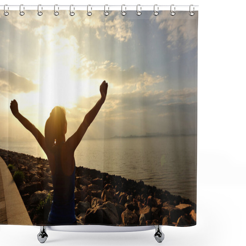 Personality  Woman Open Arms Under The Sunrise At Sea Shower Curtains