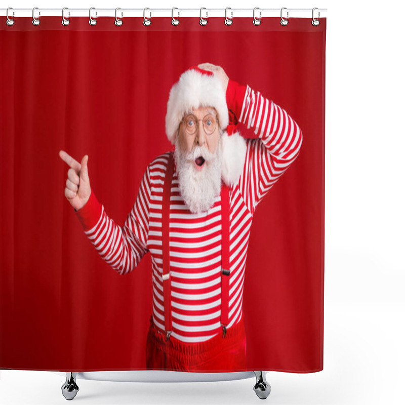 Personality  Photo Of Retired Old Man Grey Beard Direct Finger Empty Space Hand Head Shocking Baubles Sale Wear Santa X-mas Costume Suspenders Spectacles Striped Shirt Cap Isolated Red Color Background Shower Curtains