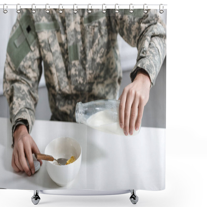 Personality  Cropped View Of Military Man Pouring Milk In Bowl With Cornflakes Shower Curtains