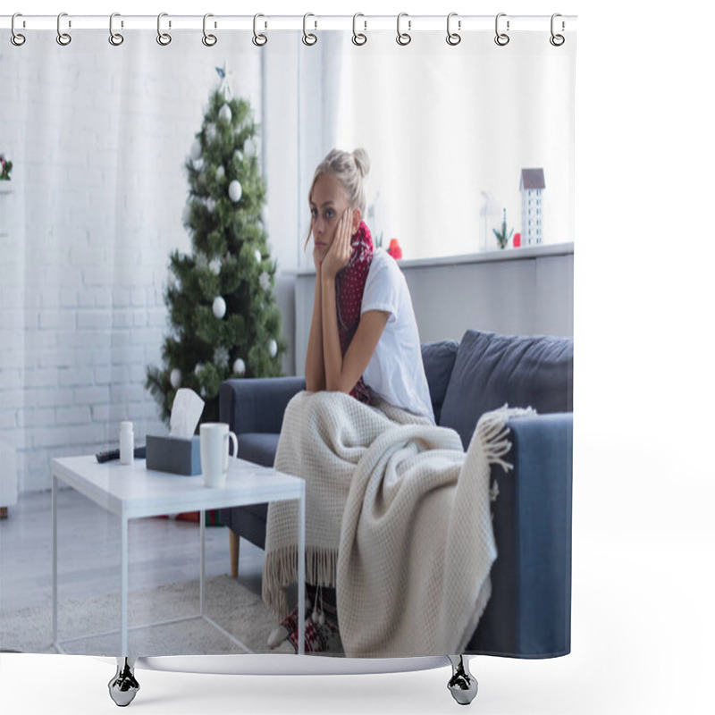 Personality  Diseased Woman Sitting On Sofa Under Warm Blanket Near Blurred Christmas Tree Shower Curtains