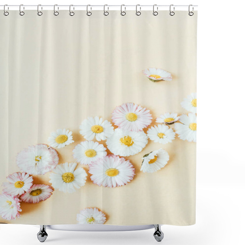 Personality  Floral Composition With Daisy Chamomile Flower Buds On Pastel Background. Flat Lay, Top View Florist Blog Hero Header, Summer Blossom Pattern. Shower Curtains