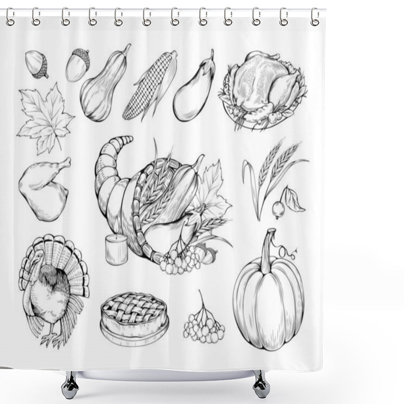 Personality  Thanksgiving Hand Drawn Vector Symbols Set. Natural Food, Vegetables And Traditional Dishes Sketch Illustrations. Farmers Market. Pumpkin, Turkey Cooked Chicken And Pie Monochrome Drawings Pack Shower Curtains