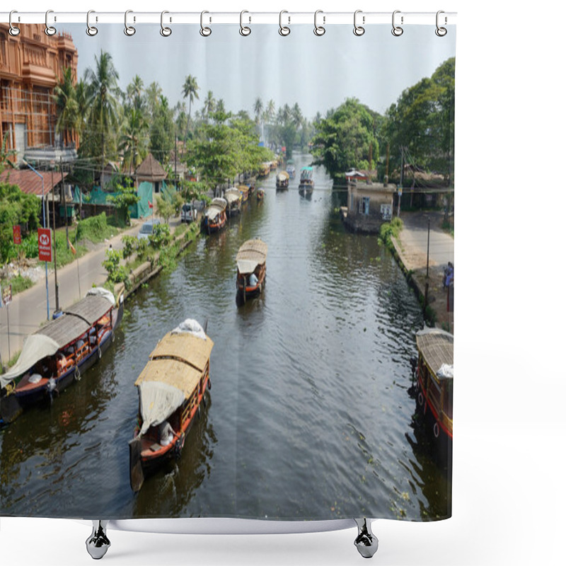 Personality  Tourist Boats At Kerala Backwaters In Alappuzha,Kerala,India.It's A Chain Of Lagoons And Lakes Lying Parallel To Malabar Coast Shower Curtains