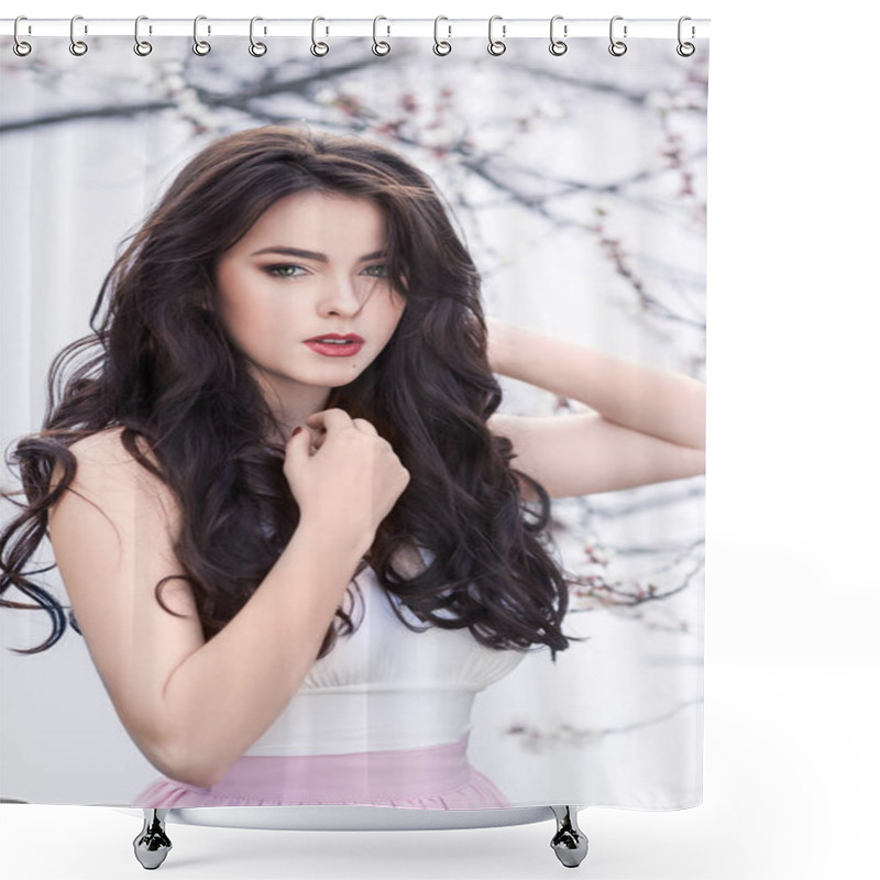 Personality  Beautiful Girl Standing At Blossoming Tree In The Garden Over White Background Shower Curtains