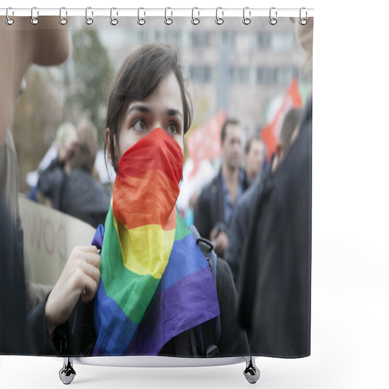 Personality  Woman Wearing Scarf On Her Face - Symbol Gey Organisation Shower Curtains