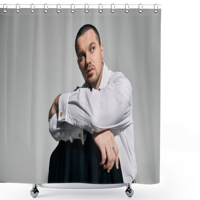 Personality  A Man In A Crisp White Shirt, Sits Thoughtfully, His Gaze Directed Off-camera. Shower Curtains