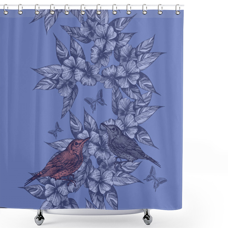 Personality  Spring Seamless Background With Birds And Butterflies, Hand-draw Shower Curtains