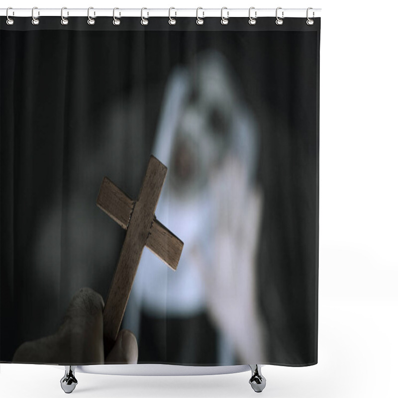 Personality  Closeup A Cross In The Hand Of A Man And A Frightening Evil Nun, Wearing A Typical Black And White Habit, Screaming Shower Curtains