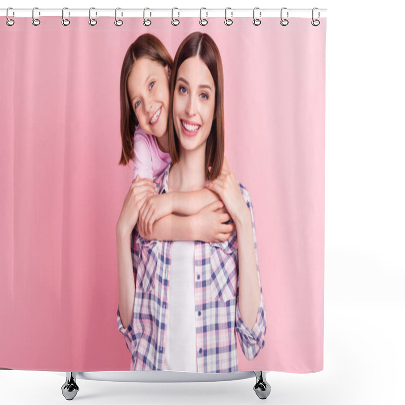 Personality  Portrait Of Attractive Cheerful Sisters Embracing Spending Time Isolated Over Pink Pastel Color Background Shower Curtains