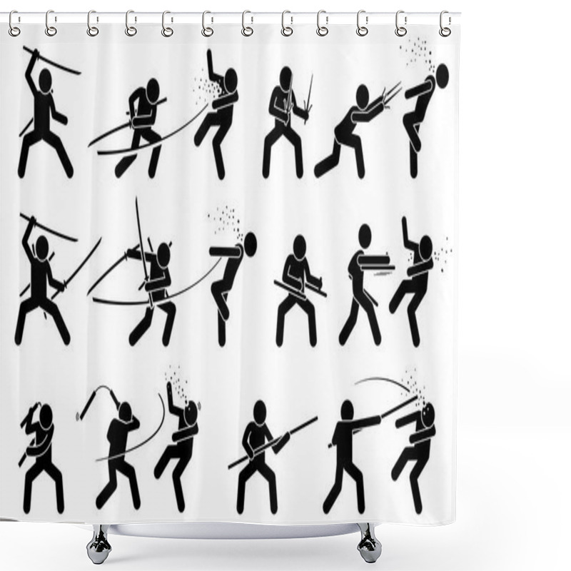 Personality  Man Attacking Opponent With Traditional Japanese Melee Fighting Weapons. Shower Curtains