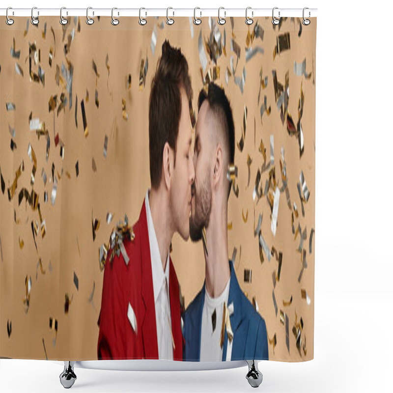 Personality  Two Men In Elegant Suits Embrace And Kiss Under A Shower Of Confetti. Shower Curtains