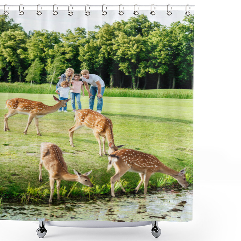 Personality  Family Looking At Deer In Park Shower Curtains