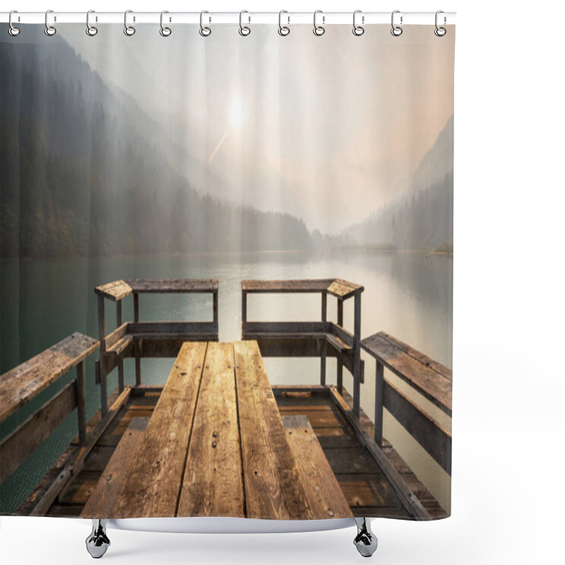 Personality  Wooden Pier In Serenity Mountains Lake Shower Curtains