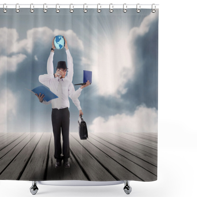 Personality  Multitasking Businessman With His Jobs Under Blue Sky Shower Curtains