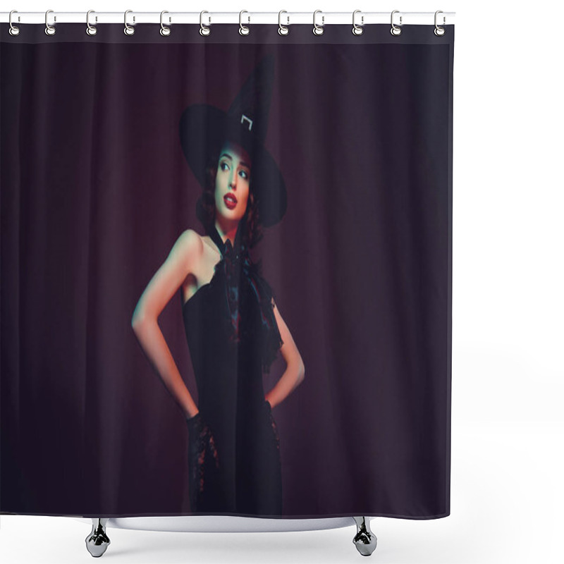 Personality  Photo Of Evil Adorable Mystic Lady Wear Black Dress Gothic Headwear Look Empty Space Isolated Dark Red Color Background Shower Curtains