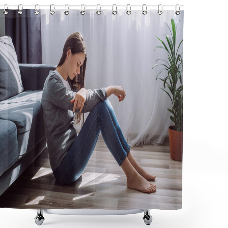 Personality  Depressed Sad Worried Young Brunette Woman Sitting On Floor Alone Troubled With Loneliness, Upset About Solitude Mental Problem, Think Of Abortion Regret Bad Mistake, Breakup Or Divorce Concept Shower Curtains