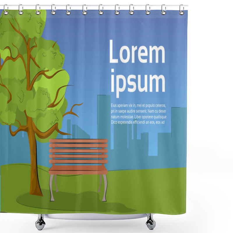 Personality  Public Park In Evening With Wooden Bench Under Tree And Silhouette City View Shower Curtains