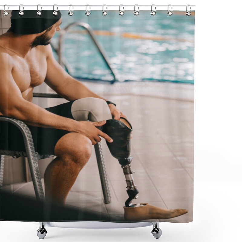 Personality  Happy Sportsman With Artificial Leg Sitting On Chair At Indoor Swimming Pool Shower Curtains