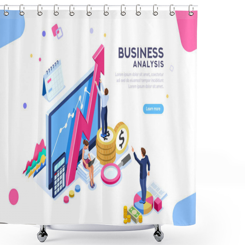 Personality  Auditing, Business Analysis Concept With Characters. Concept Of Opportunities. Graphic And Audit Documentation, Economic Analysis Financial Budget. Illustration Flat Isometric Vector Background. Shower Curtains