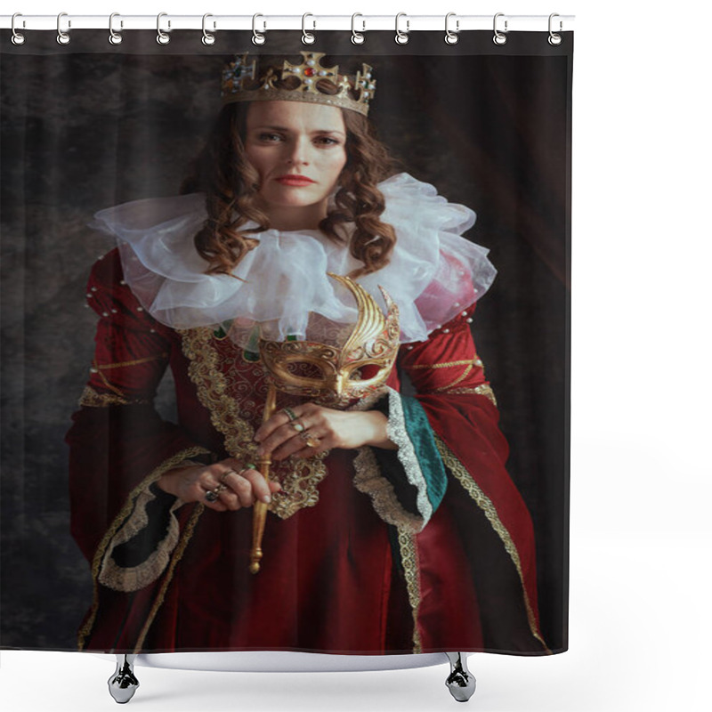 Personality  Medieval Queen In Red Dress With Venetian Mask, White Collar And Crown On Dark Gray Background. Shower Curtains